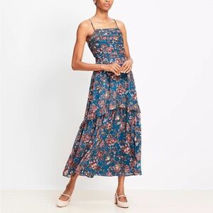 LOFT Floral Strappy Smocked Midi Dress Size Small Petite